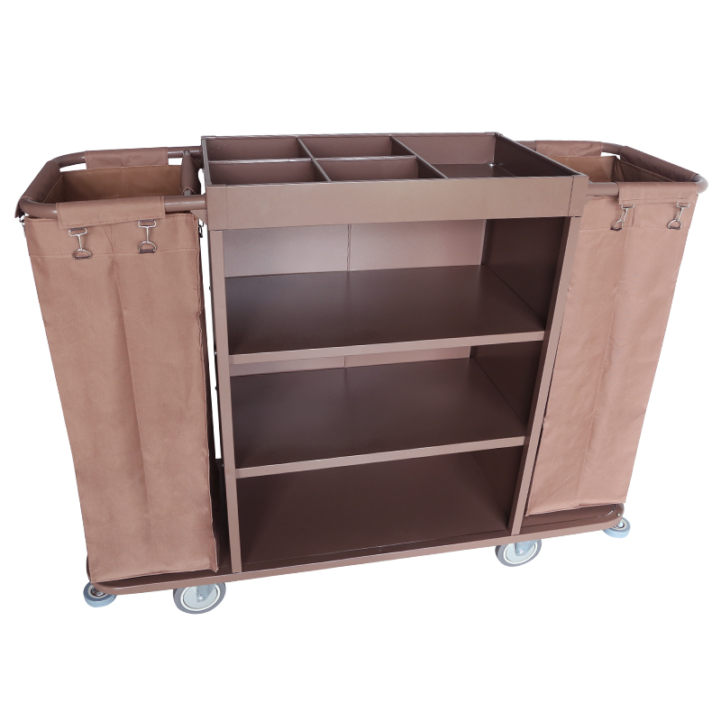 KJ-F005 Hotel Room Cleaning Trolley Brown Metal Housekeeping Maid Cart Made of Steel and Iron Service Cart Tool Cart